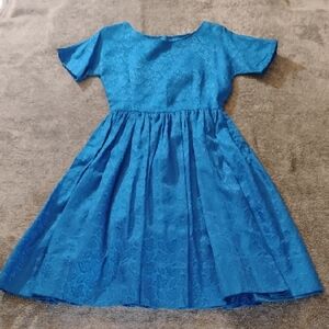 Peacock Blue Handmade Vintage Brocade Fit And Flare Dress XS(?)